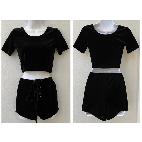 American Apparel/ Forever 21 black velvet top + lace up shorts set - Picture 1 of 2